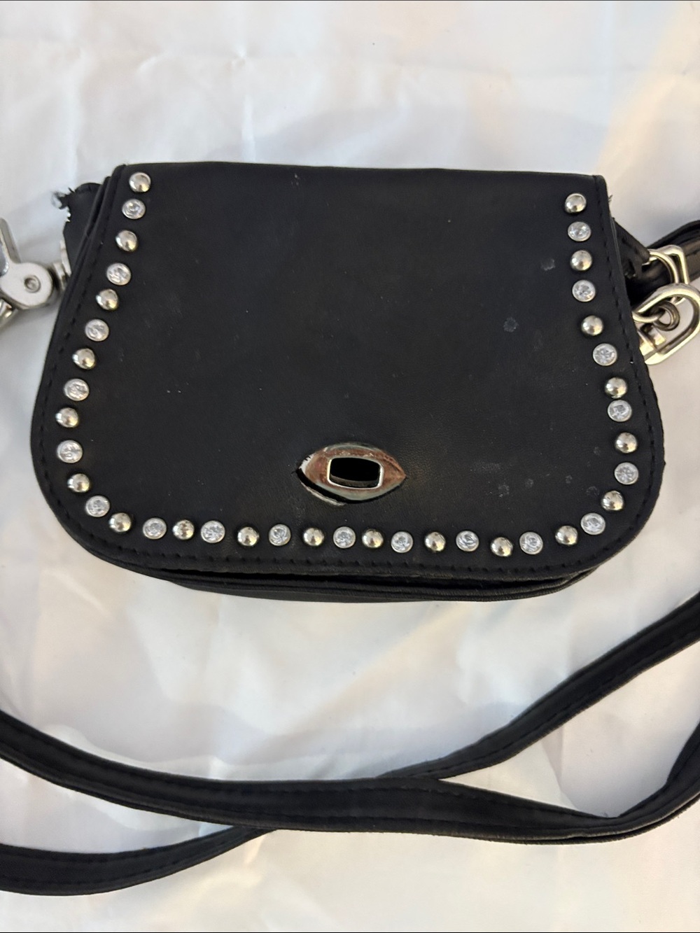Black Studded Crossbody Bag with Silver Accents